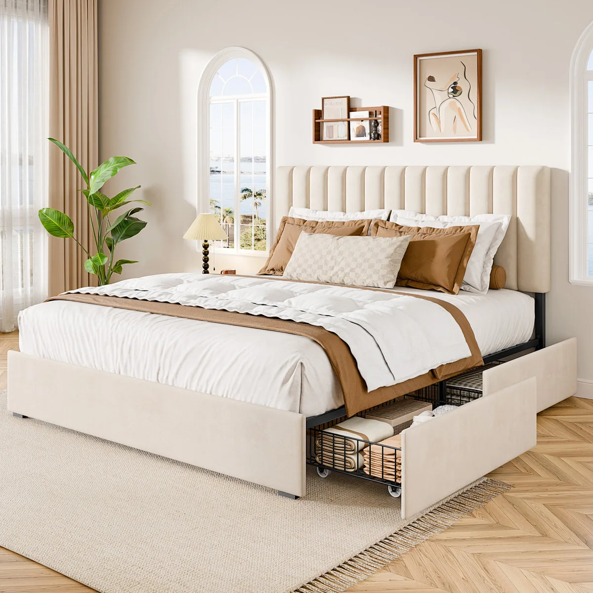 King Upholstered Platform Bed with 4 Storage Drawers