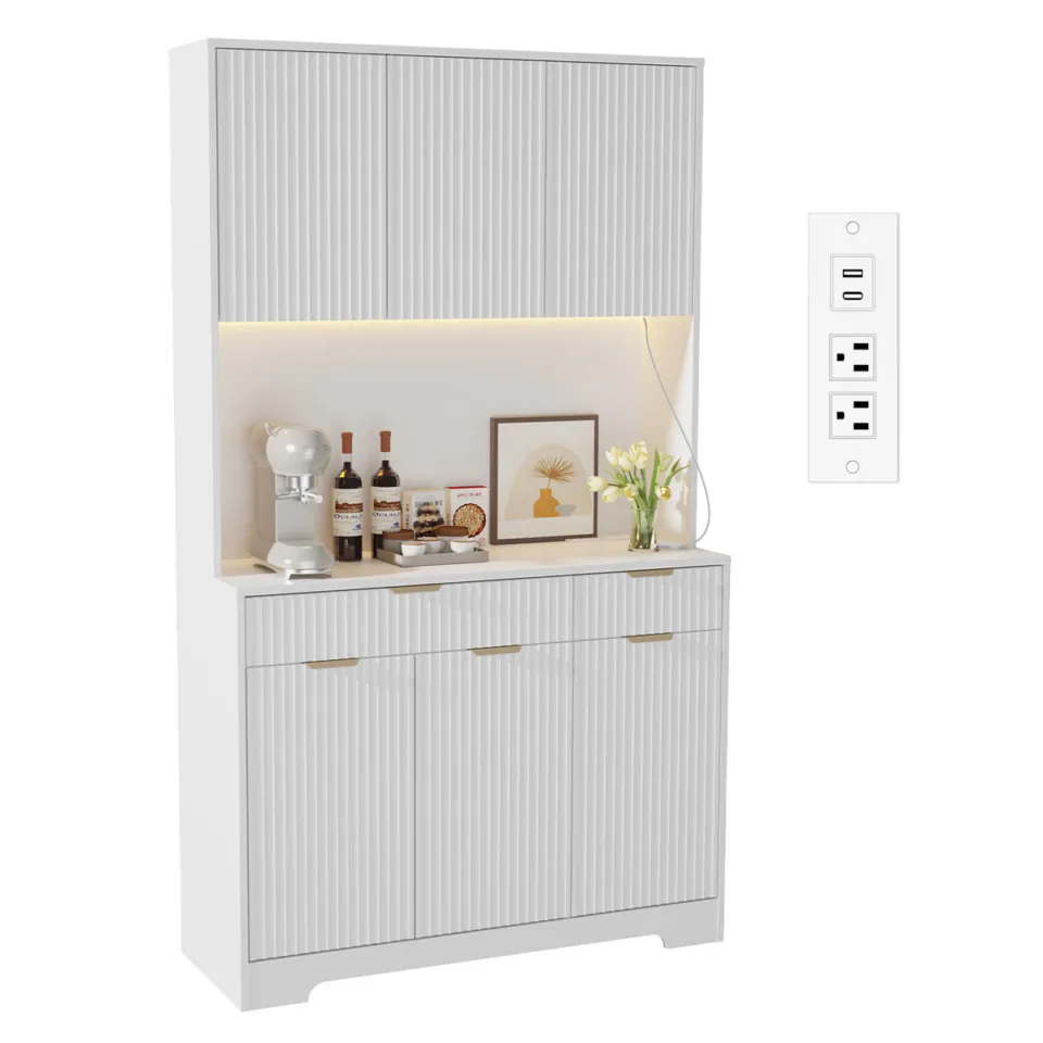 White Fluted Wide Storage Pantry Cabinet