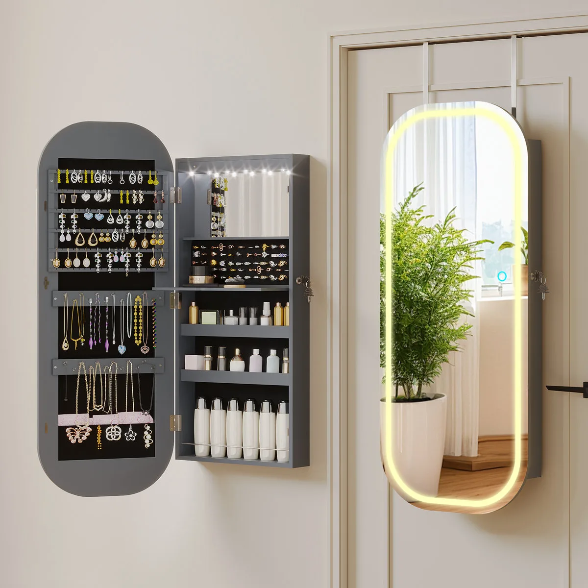 Arched Jewelry Armoire with LED Full-Length Mirror By