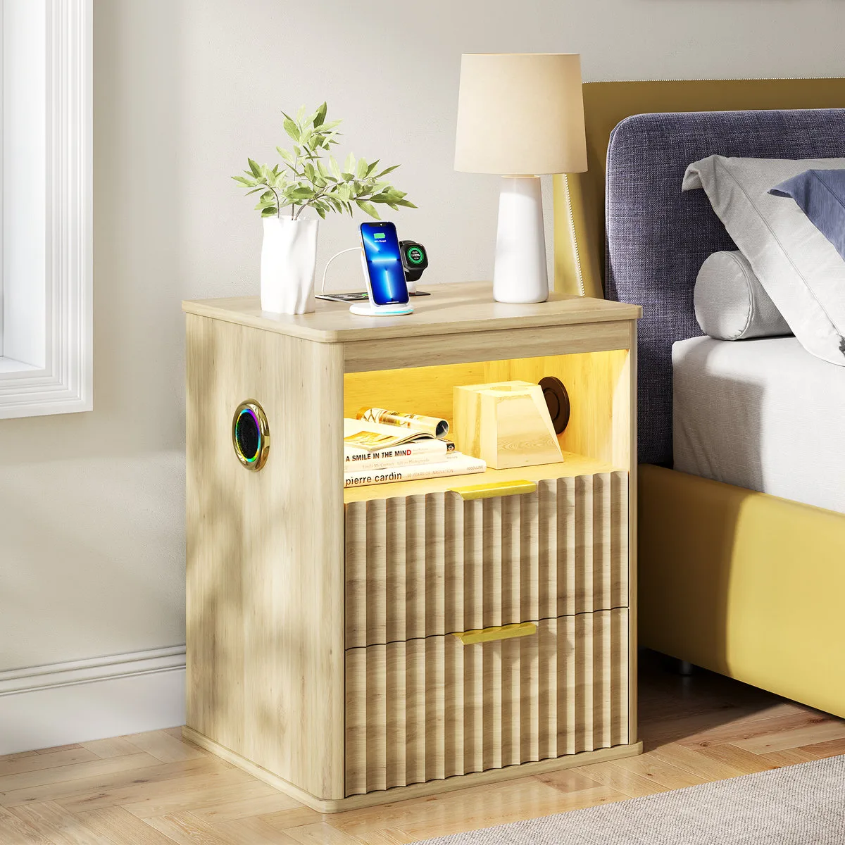 Fluted Nightstand with Bluetooth Speaker