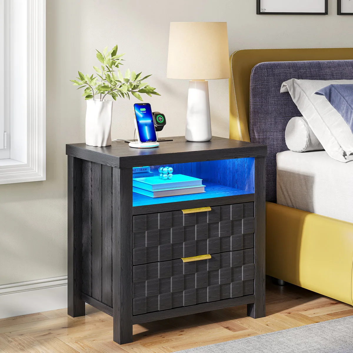 2 – Drawers Nightstand with Built-In Outlets and Lights