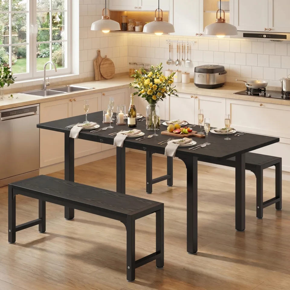 Extendable Dining Set with Benches and Smart-Flip Leaf