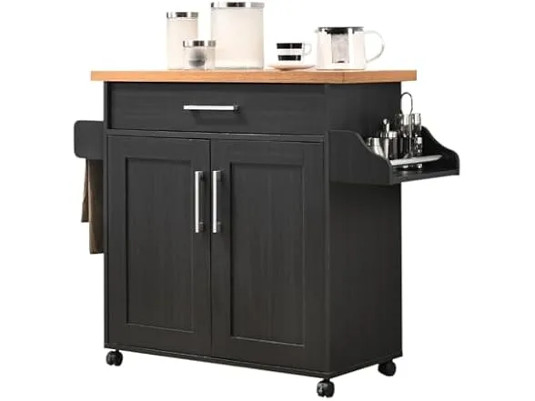 Rolling Wood Kitchen Island Cart with Spice Rack