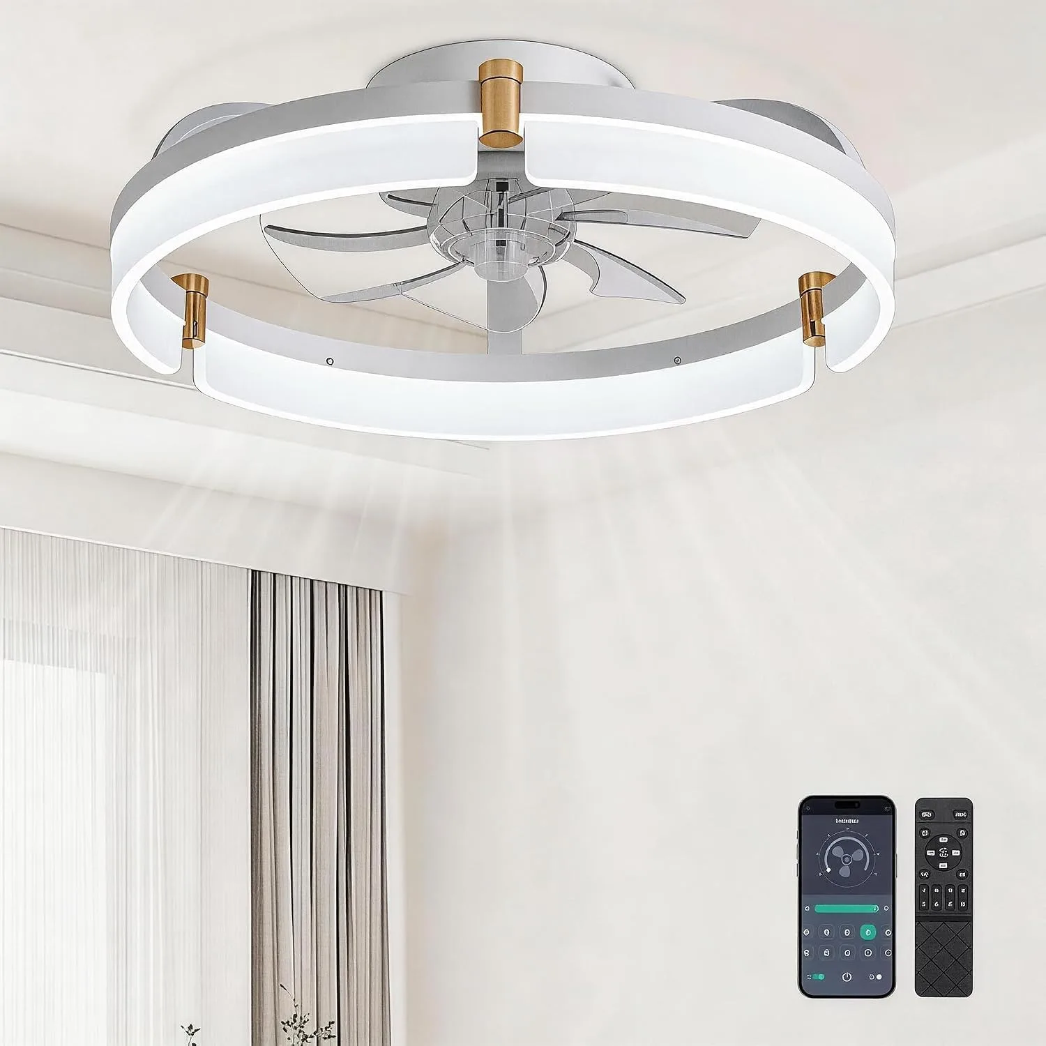 20″ Modern Low‑Profile Ceiling Fans with Lights and Remote Control, White
