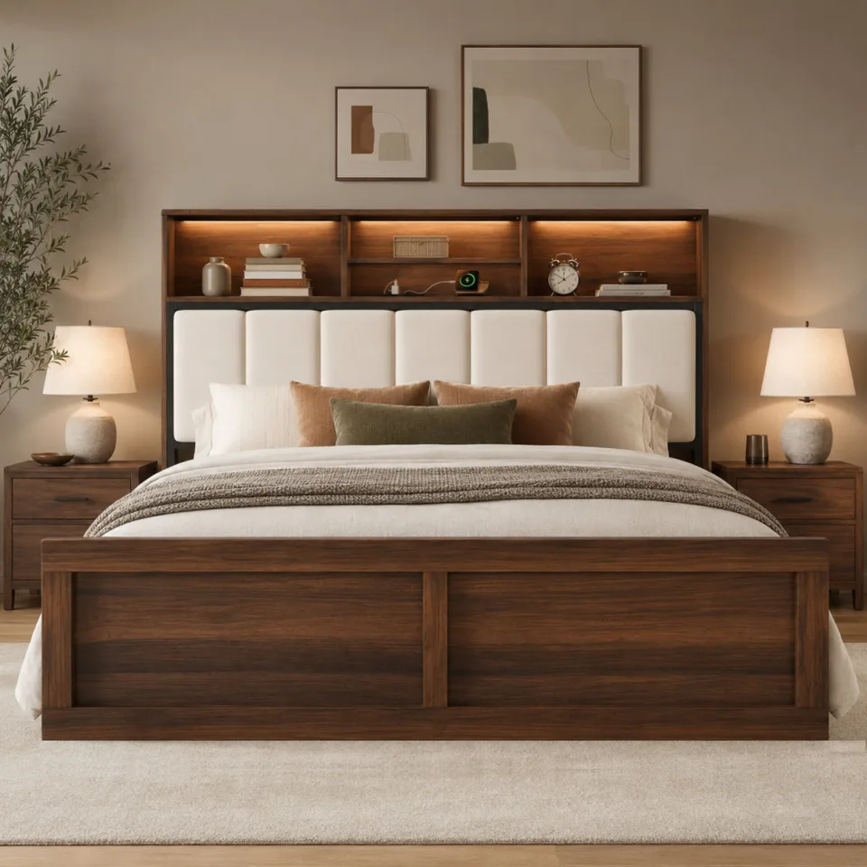 Queen Bed Frame With Velvet Upholstered Headboard, Built In Charging Station And Led