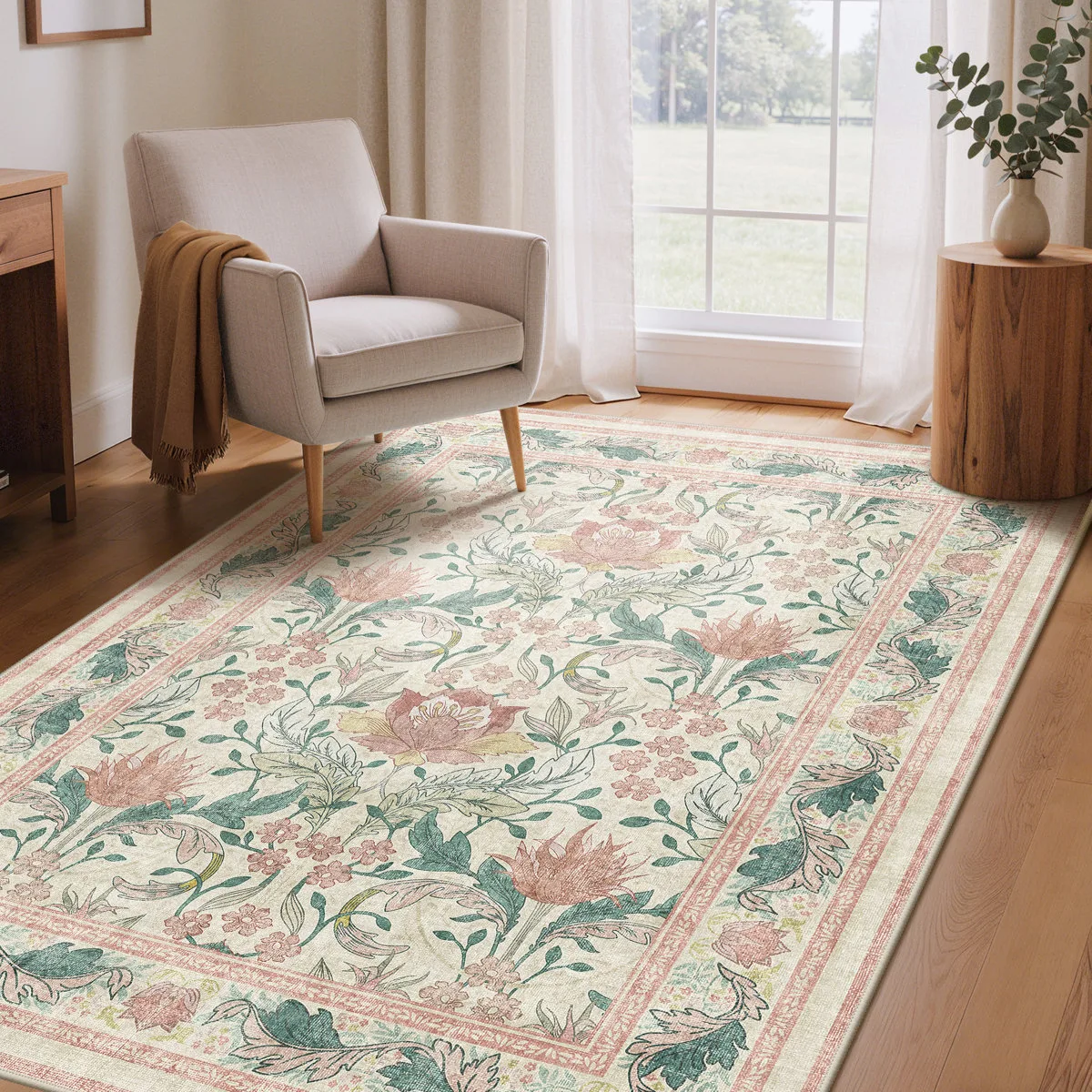 5×7 Bloom Floral Pink/Beige Non-Slip Machine-Washable Area Rug