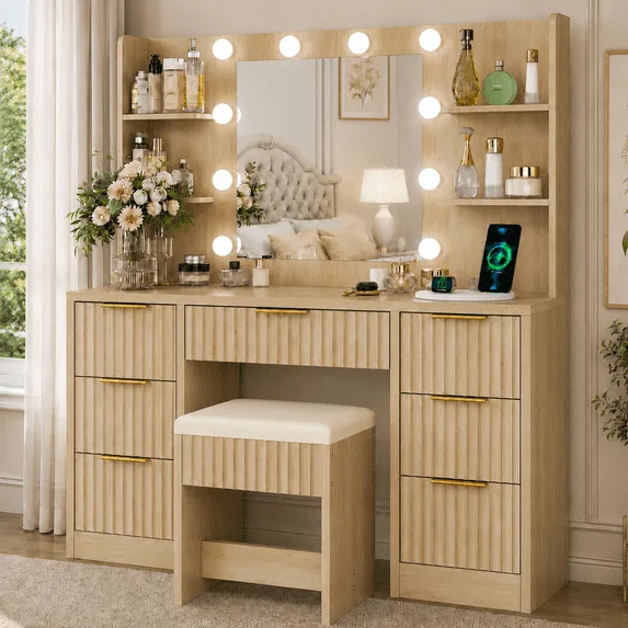 Makeup Vanity Set with 3 Color Lighted Mirror & Charging Station