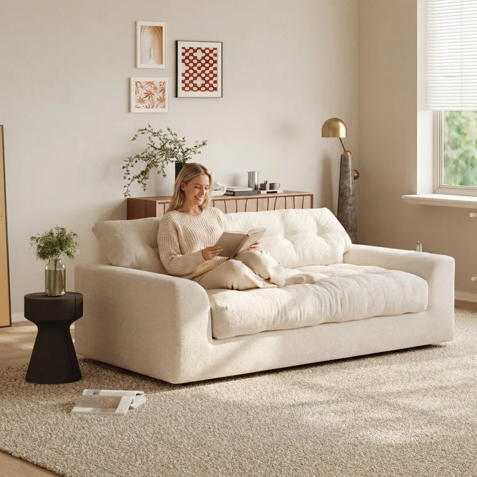 Modern Beige Chenille Extra Deep Seat Floor Loveseat