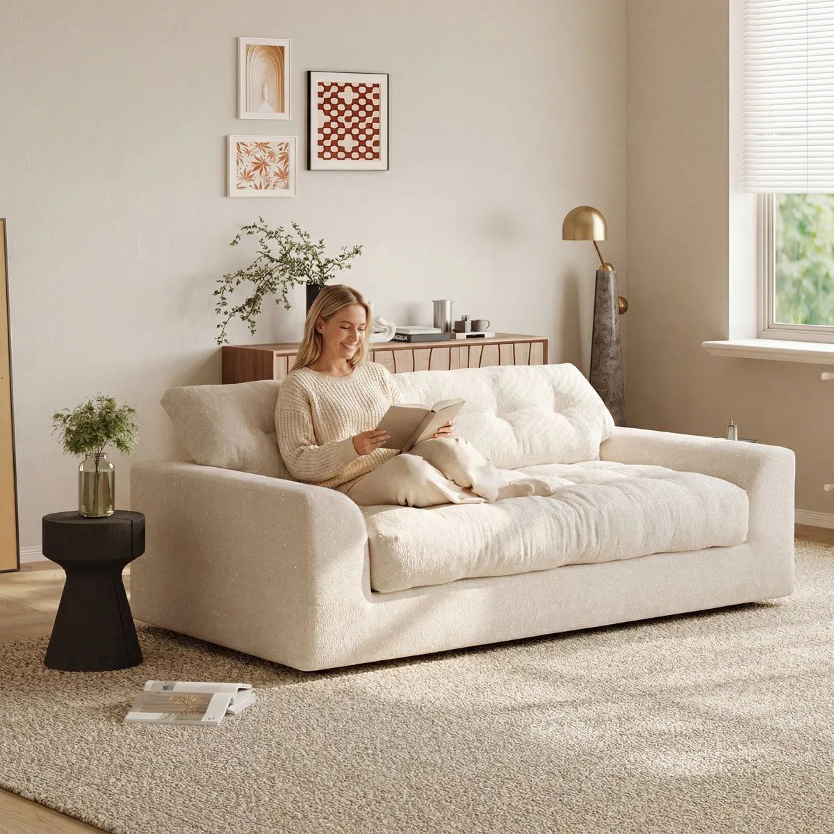 Modern Beige Chenille Extra Deep Seat Floor Loveseat