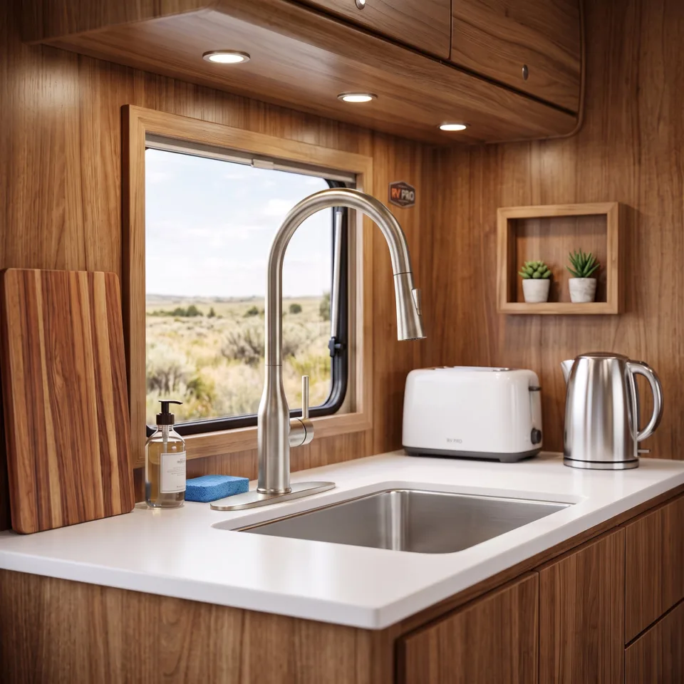 Modern farmhouse-style pull-down kitchen sink faucet