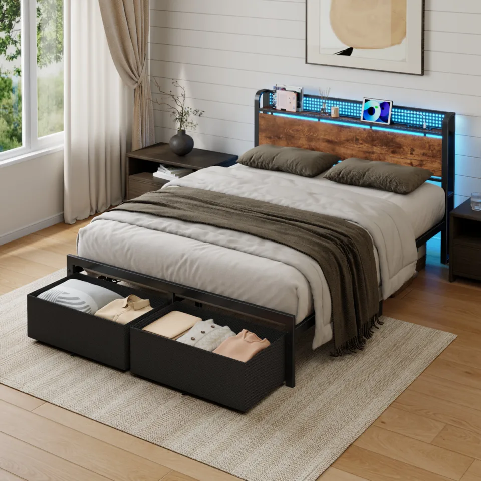 Queen Bed Frame with 2 Fabric Drawers and Open Storage Headboard