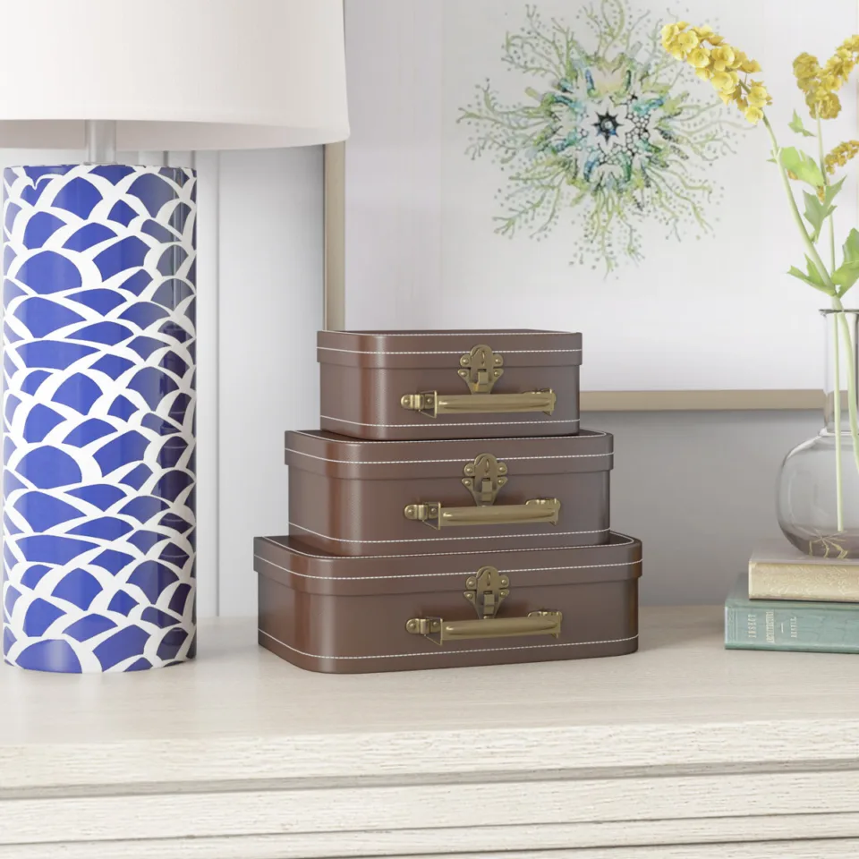 Set of 3 Paperboard Suitcases Decorative Storage Boxes