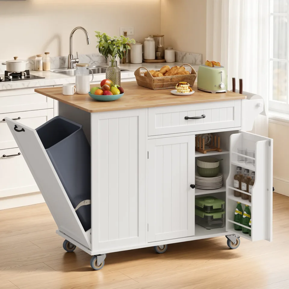 Solid Wood Top Kitchen Island with tilt out trash bin compartment