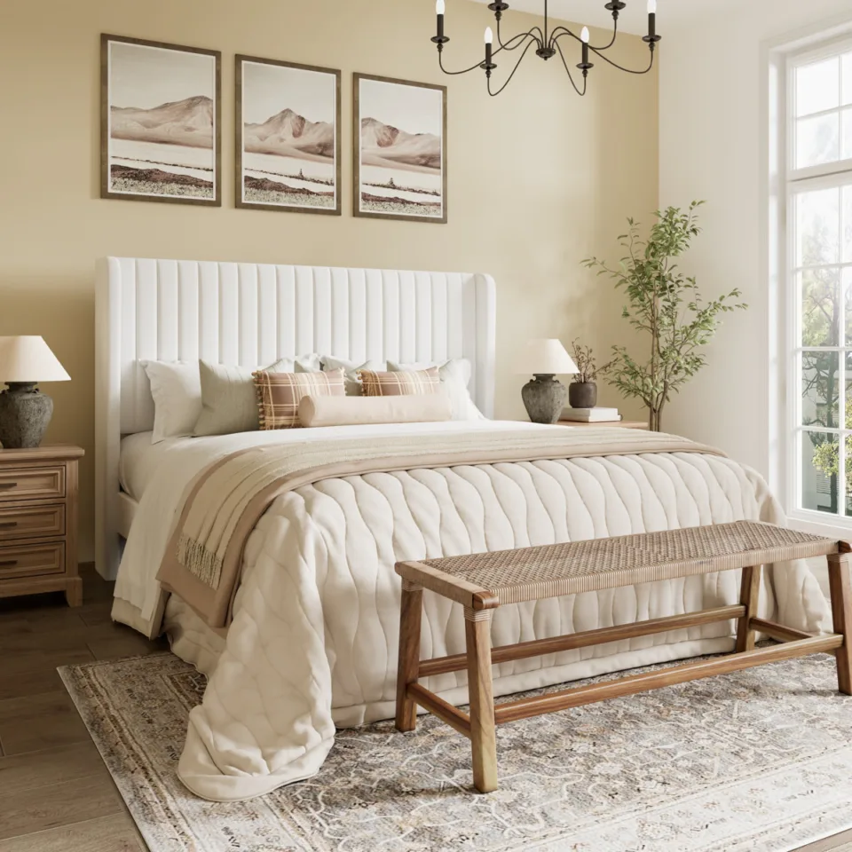 Queen Upholstered Platform Bed with Wingback Headboard