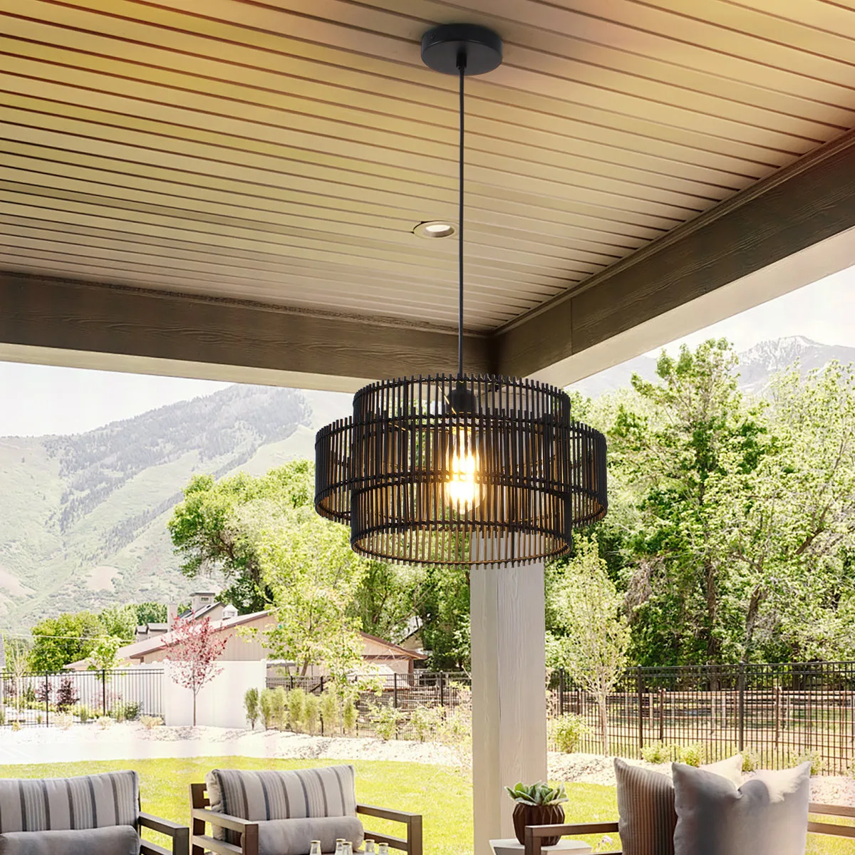 Black Pendant Light With Natural Bamboo 2-Tier Round Shade
