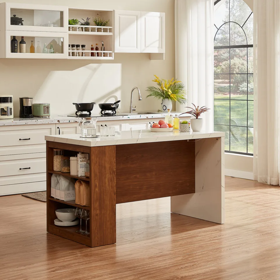 Kitchen Island with Faux Marble Top and Power Outlets
