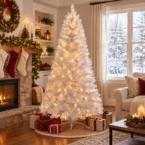 6.5′ Pre-Lit Madison Pine White Artificial Christmas Tree