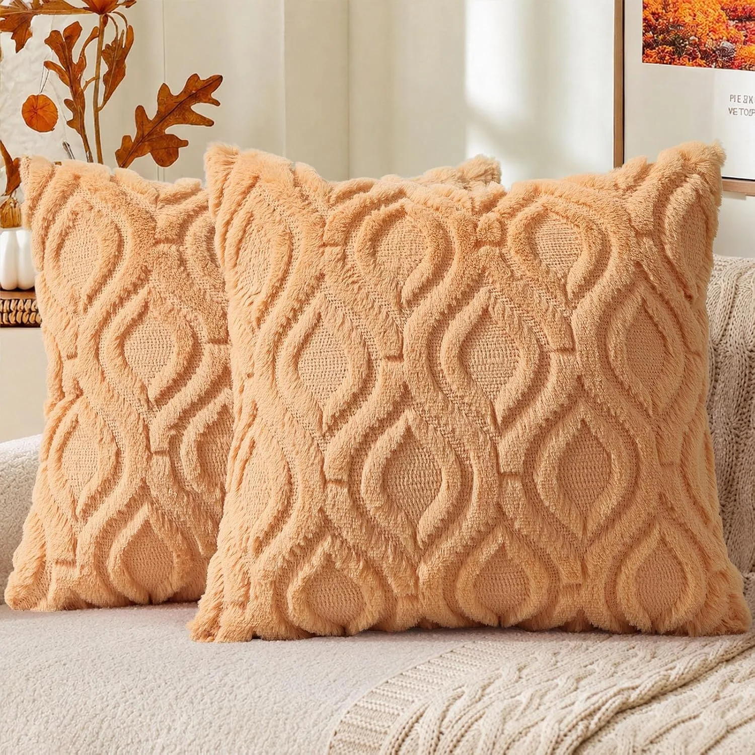 Faux Fur Plush Light Orange Throw Pillow Covers 18×18 Set of 2