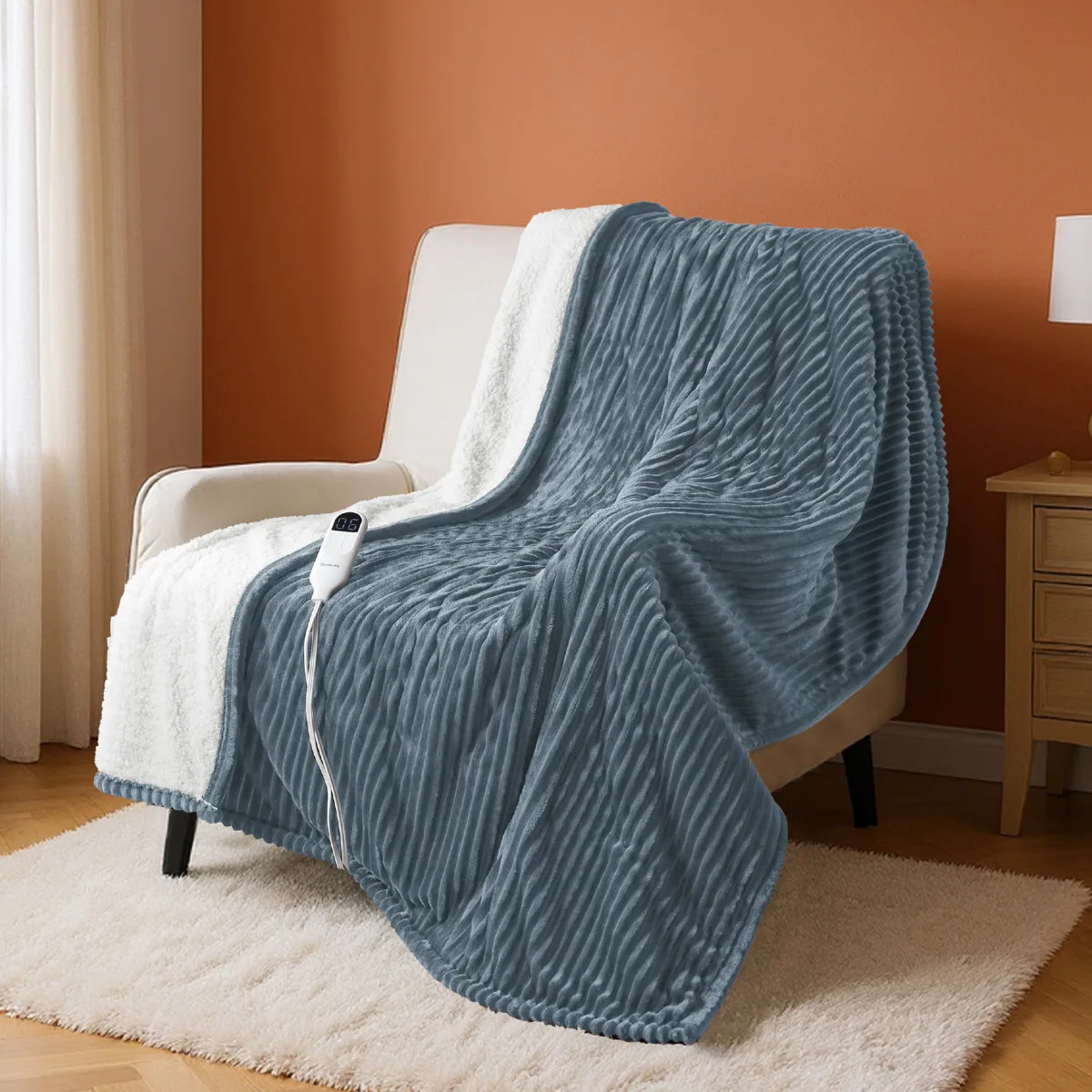 Flannel & Sherpa Heated Blanket with Dual Control – 6 Heat Settings