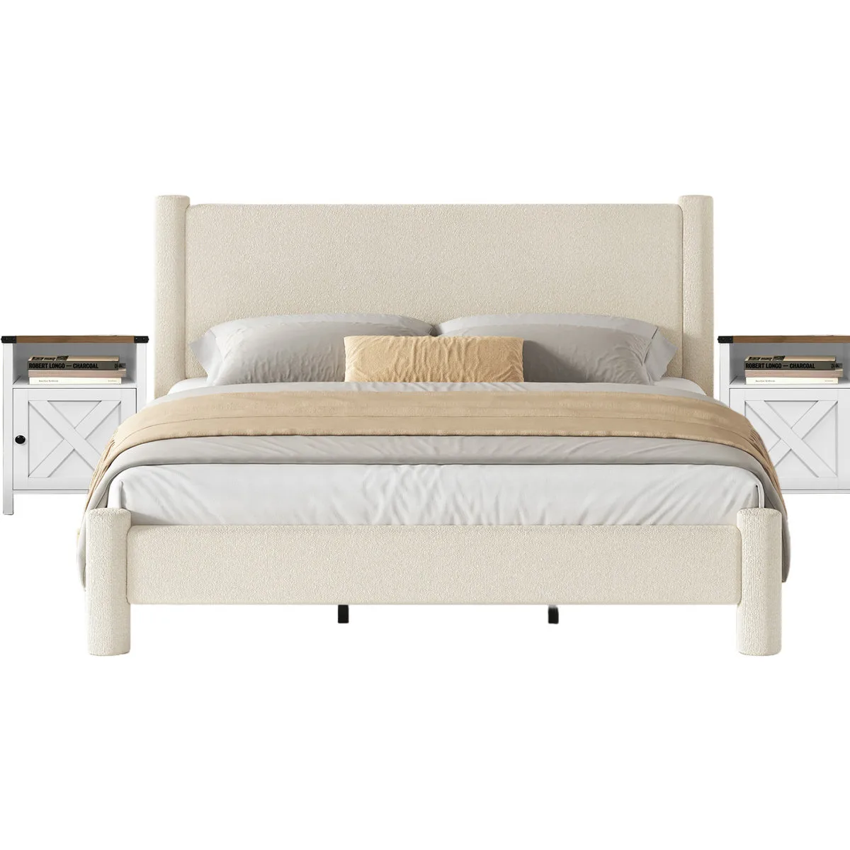 Boucle Upholstered Bed And Farmhouse Nightstand 3-Piece Bedroom Set