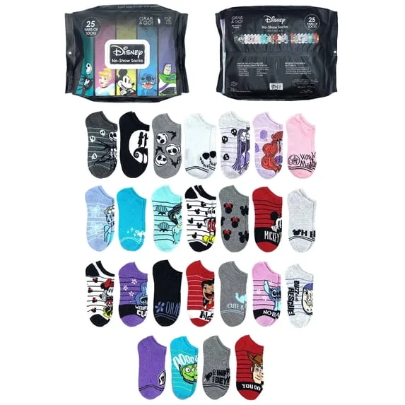 Disney Women’s Bundle Brick No-Show Socks, 25-Pack