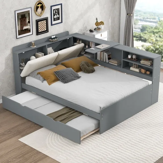 Full Size Wood Daybed with Trundle and Storage Shelves