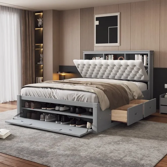 Wood Queen Platform Bed with Storage Headboard