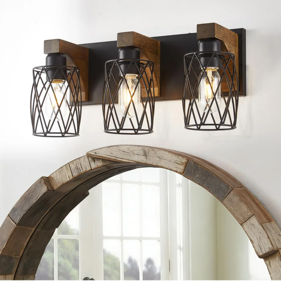 Farmhouse Bathroom Vanity Light With Cage Lampshade