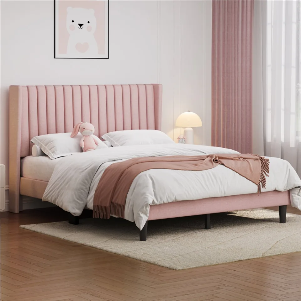 Pink Queen Upholstered Panel Bed